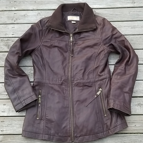 Michael Michael Kors Brown Leather Jacket quilted lining Drawstring waist - Picture 3 of 12